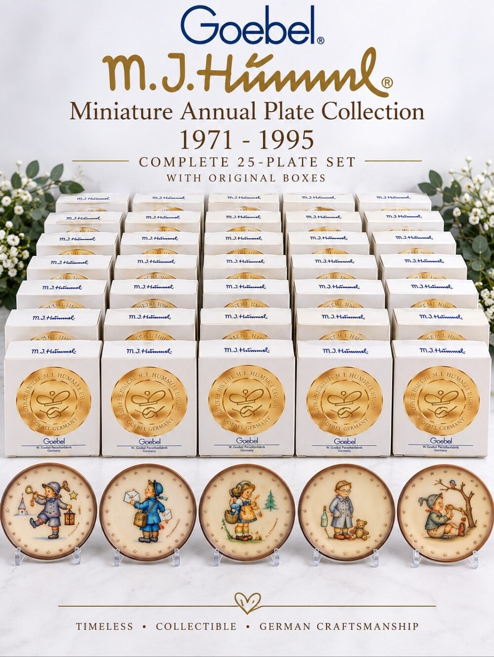 Complete 25pc Goebel M.J. Hummel Miniature Annual Plates 1971-1995 – Pristine